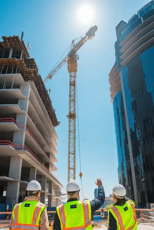 construction-site-workers-observing-crane-one-gestures-towards-sunny-day-vertical-mobile-wallpaper-337266448